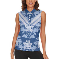 Indonesia Javanese Batik Women Sleeveless Polo Shirt Nelson Mandela Madiba Blue - Wonder Print Shop