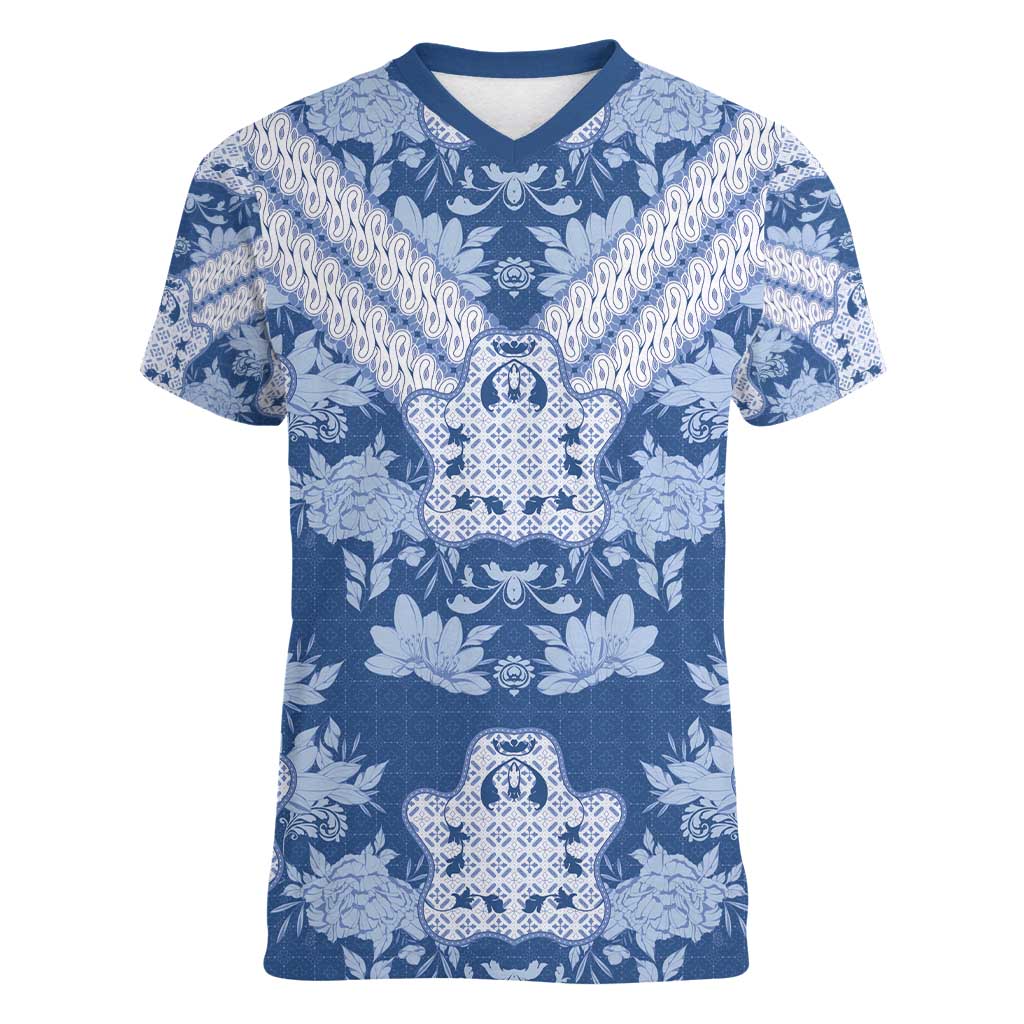 Indonesia Javanese Batik Women V-Neck T-Shirt Nelson Mandela Madiba Blue - Wonder Print Shop