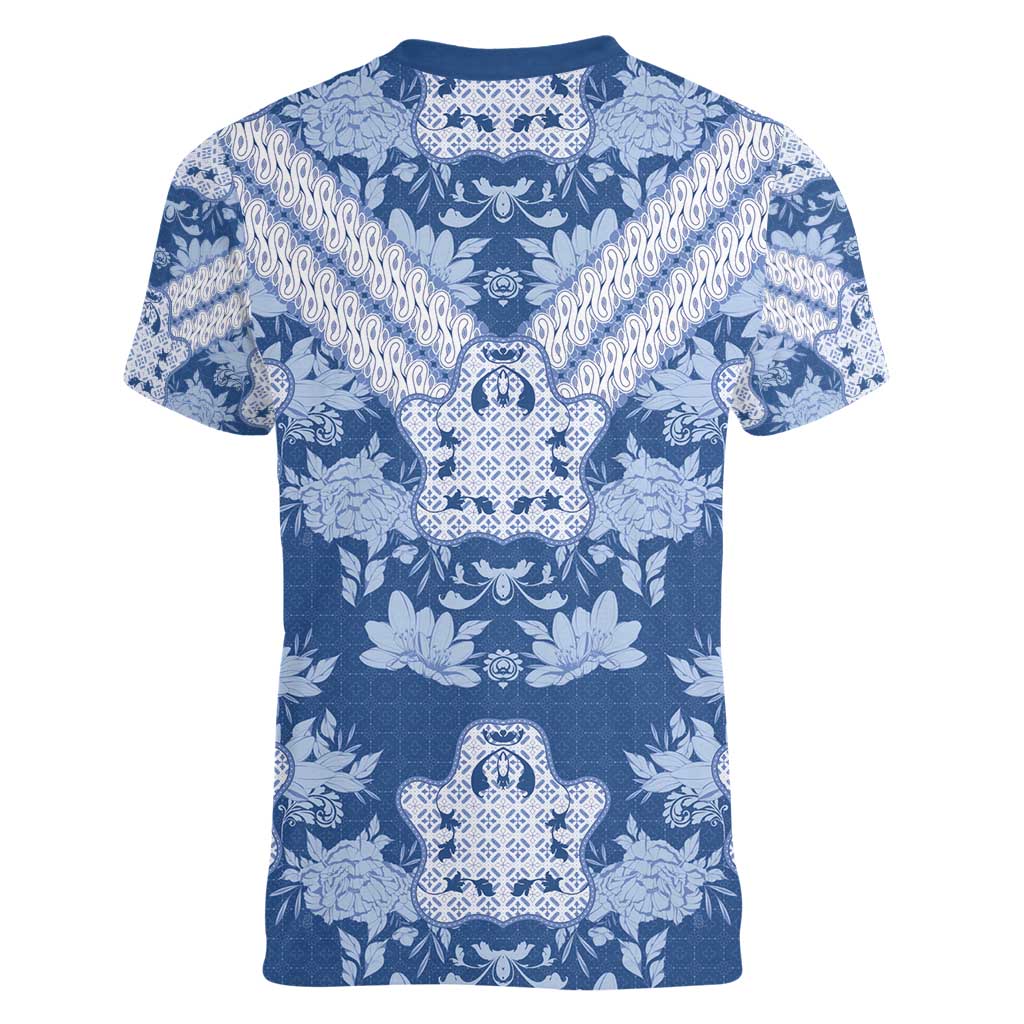 Indonesia Javanese Batik Women V-Neck T-Shirt Nelson Mandela Madiba Blue - Wonder Print Shop