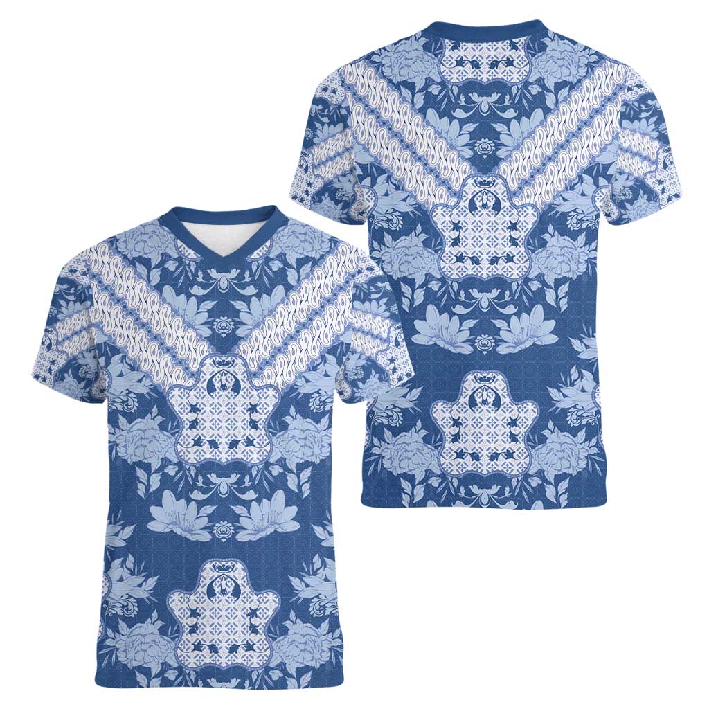 Indonesia Javanese Batik Women V-Neck T-Shirt Nelson Mandela Madiba Blue - Wonder Print Shop