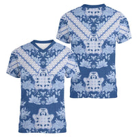 Indonesia Javanese Batik Women V-Neck T-Shirt Nelson Mandela Madiba Blue - Wonder Print Shop