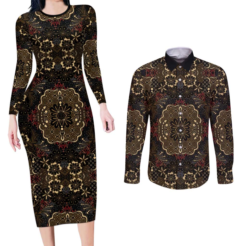 Indonesia Javanese Batik Couples Matching Long Sleeve Bodycon Dress and Long Sleeve Button Shirt Nelson Mandela Madiba Vintage Style - Wonder Print Shop
