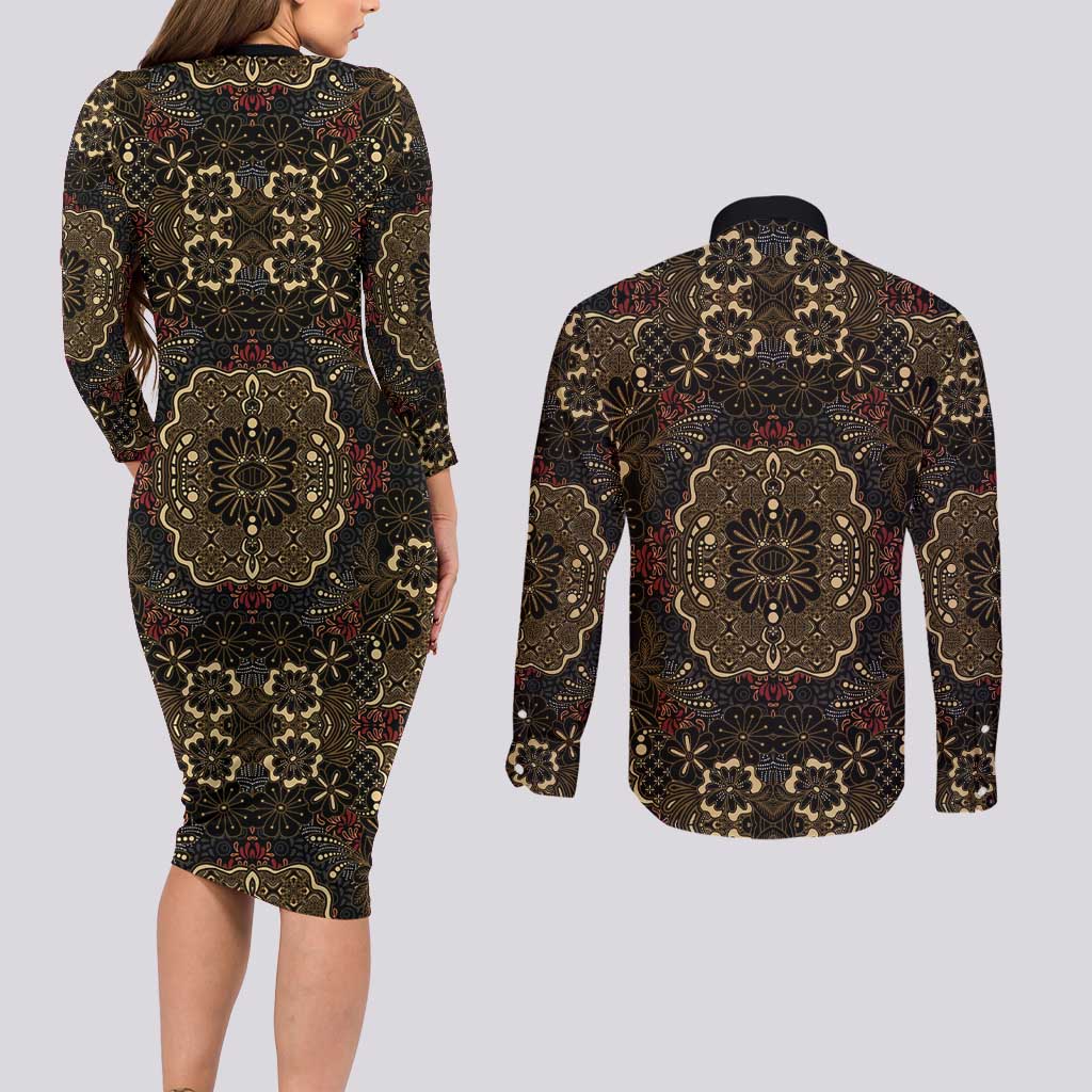 Indonesia Javanese Batik Couples Matching Long Sleeve Bodycon Dress and Long Sleeve Button Shirt Nelson Mandela Madiba Vintage Style - Wonder Print Shop
