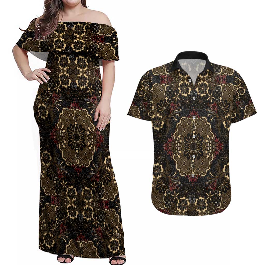 Indonesia Javanese Batik Couples Matching Off Shoulder Maxi Dress and Hawaiian Shirt Nelson Mandela Madiba Vintage Style - Wonder Print Shop