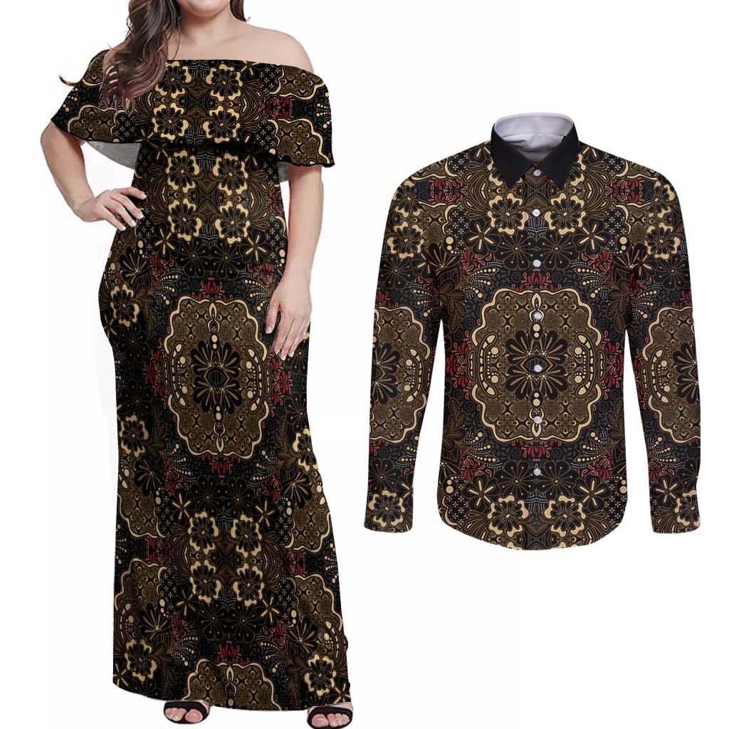 Indonesia Javanese Batik Couples Matching Off Shoulder Maxi Dress and Long Sleeve Button Shirt Nelson Mandela Madiba Vintage Style - Wonder Print Shop