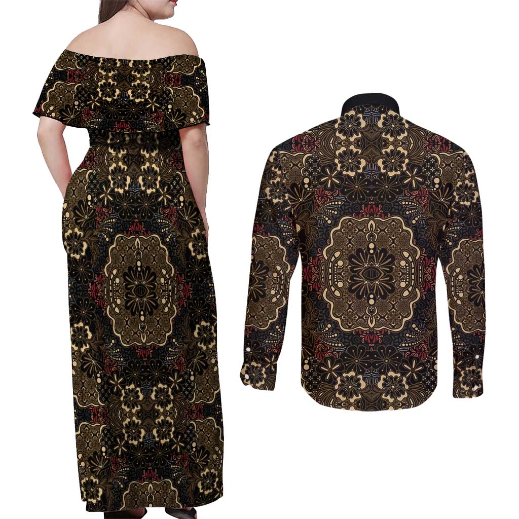 Indonesia Javanese Batik Couples Matching Off Shoulder Maxi Dress and Long Sleeve Button Shirt Nelson Mandela Madiba Vintage Style - Wonder Print Shop