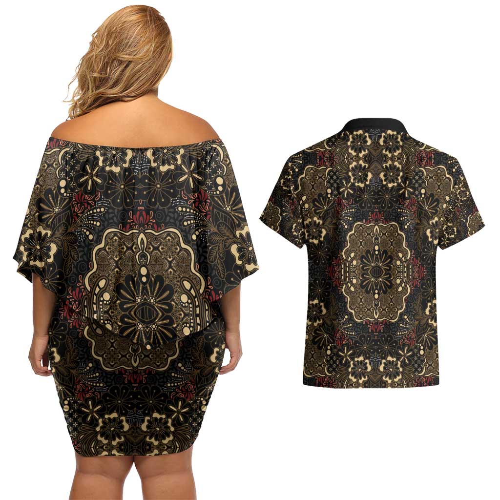 Indonesia Javanese Batik Couples Matching Off Shoulder Short Dress and Hawaiian Shirt Nelson Mandela Madiba Vintage Style - Wonder Print Shop