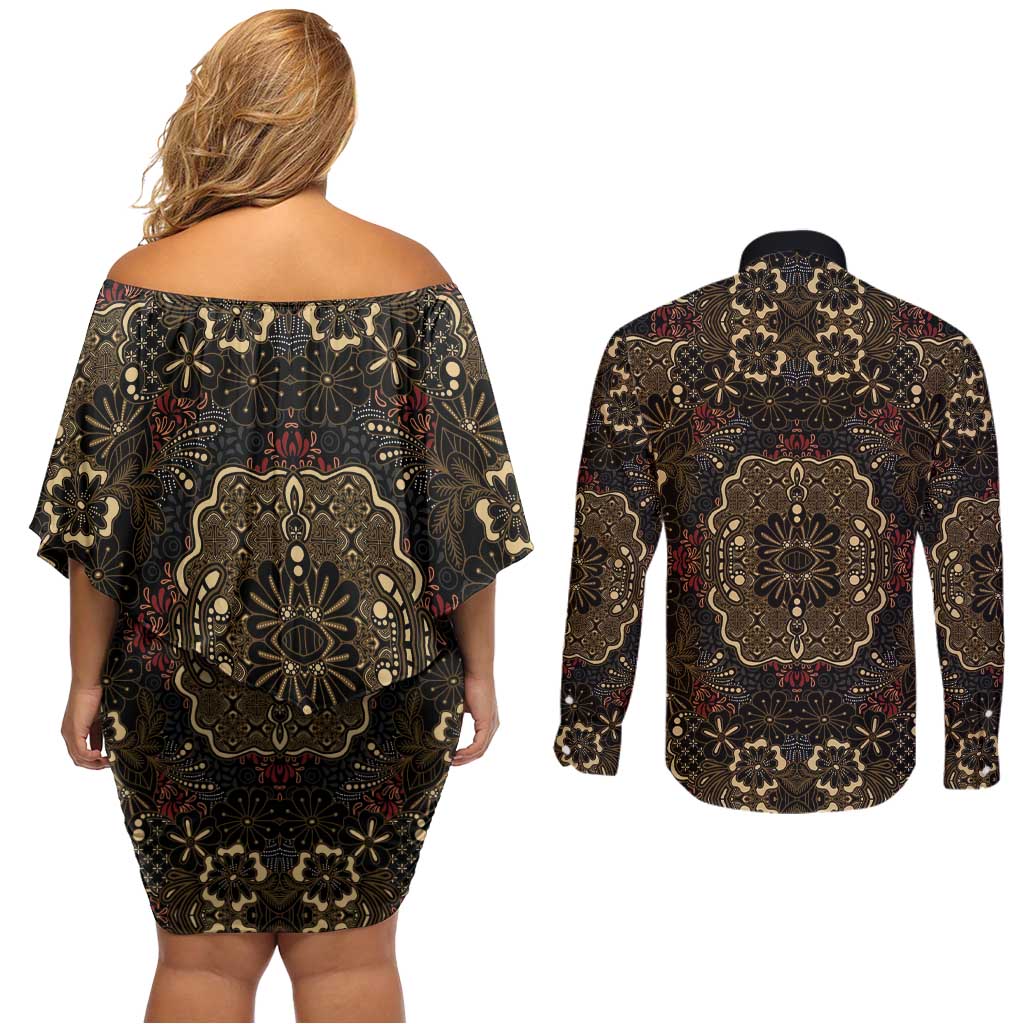 Indonesia Javanese Batik Couples Matching Off Shoulder Short Dress and Long Sleeve Button Shirt Nelson Mandela Madiba Vintage Style - Wonder Print Shop