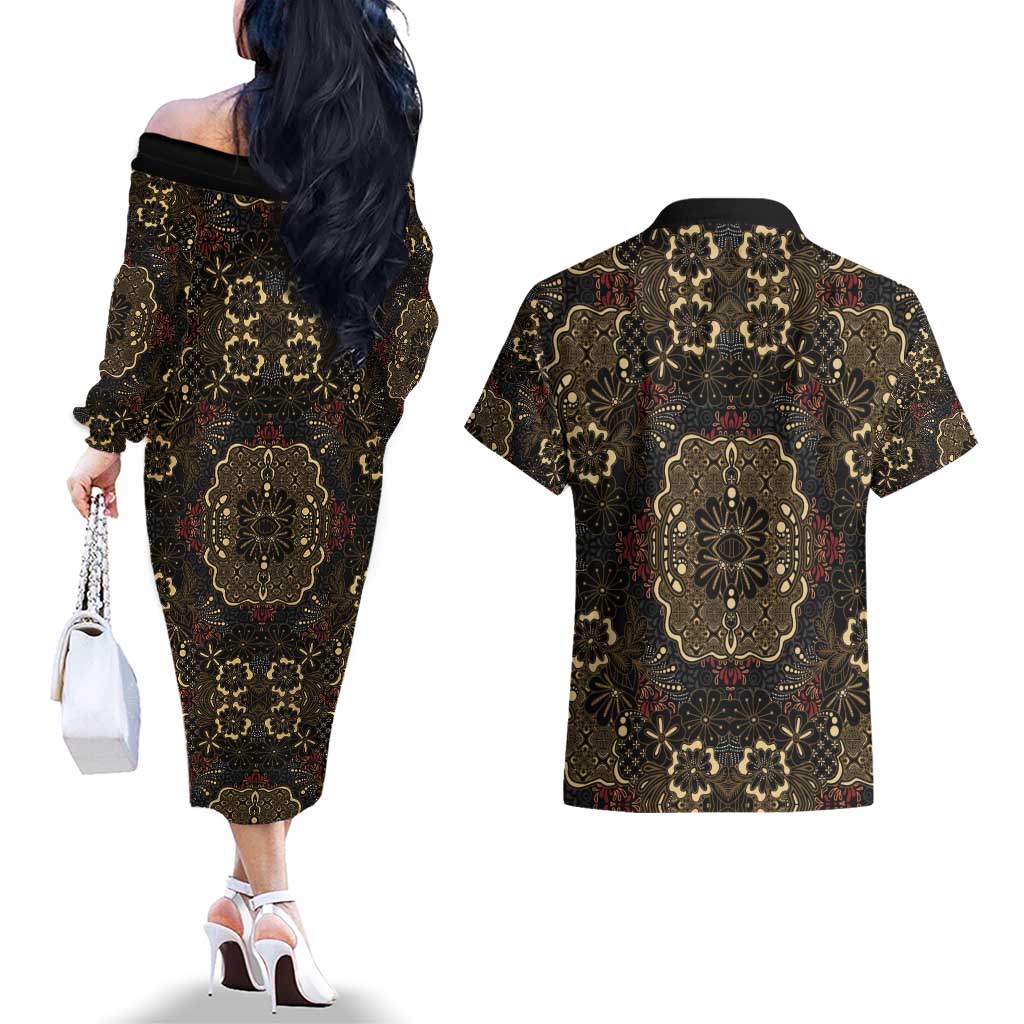 Indonesia Javanese Batik Couples Matching Off The Shoulder Long Sleeve Dress and Hawaiian Shirt Nelson Mandela Madiba Vintage Style - Wonder Print Shop
