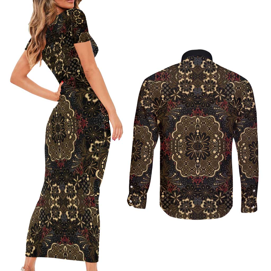 Indonesia Javanese Batik Couples Matching Short Sleeve Bodycon Dress and Long Sleeve Button Shirt Nelson Mandela Madiba Vintage Style - Wonder Print Shop