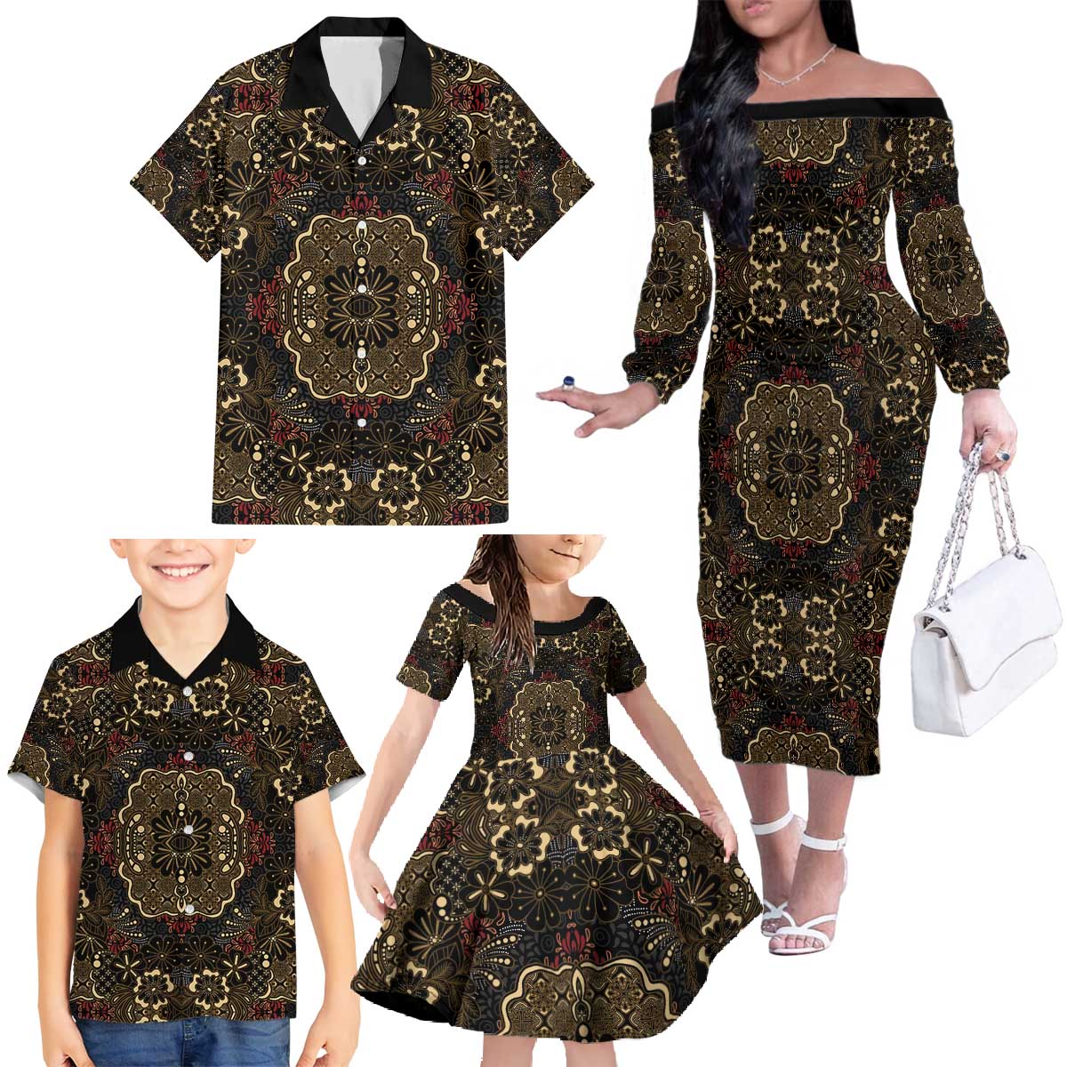 Indonesia Javanese Batik Family Matching Off The Shoulder Long Sleeve Dress and Hawaiian Shirt Nelson Mandela Madiba Vintage Style - Wonder Print Shop