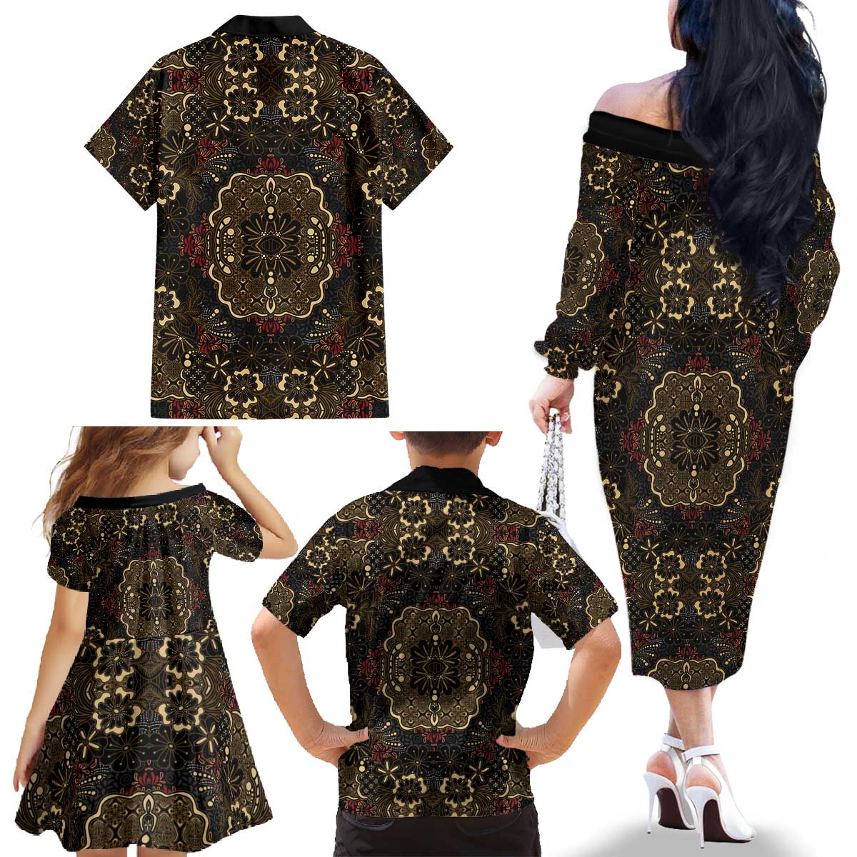 Indonesia Javanese Batik Family Matching Off The Shoulder Long Sleeve Dress and Hawaiian Shirt Nelson Mandela Madiba Vintage Style - Wonder Print Shop