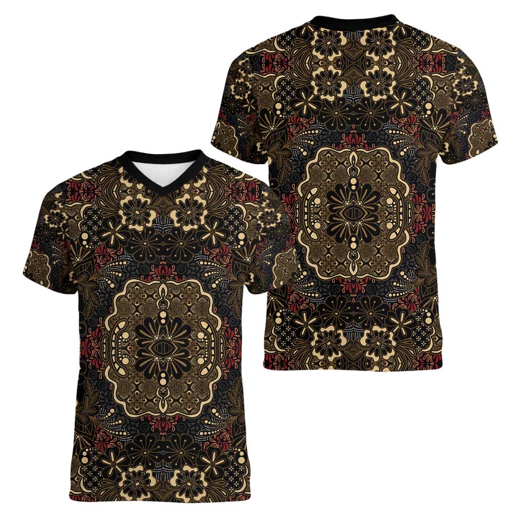 Indonesia Javanese Batik Women V-Neck T-Shirt Nelson Mandela Madiba Vintage Style - Wonder Print Shop
