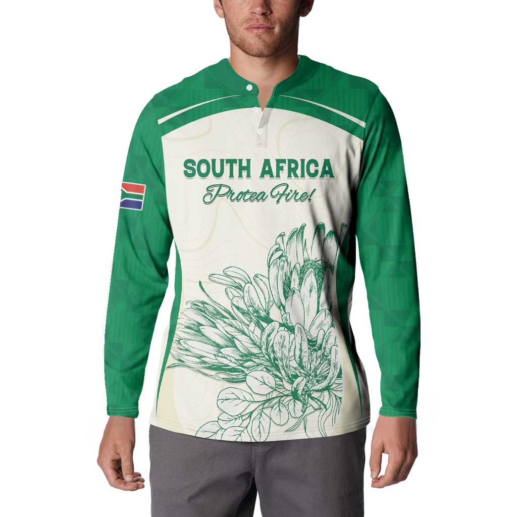 Custom South Africa Cricket Button Sweatshirt Protea Fire - Wonder Print Shop