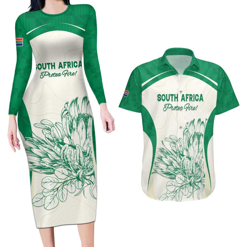 Custom South Africa Cricket Couples Matching Long Sleeve Bodycon Dress and Hawaiian Shirt Protea Fire - Wonder Print Shop