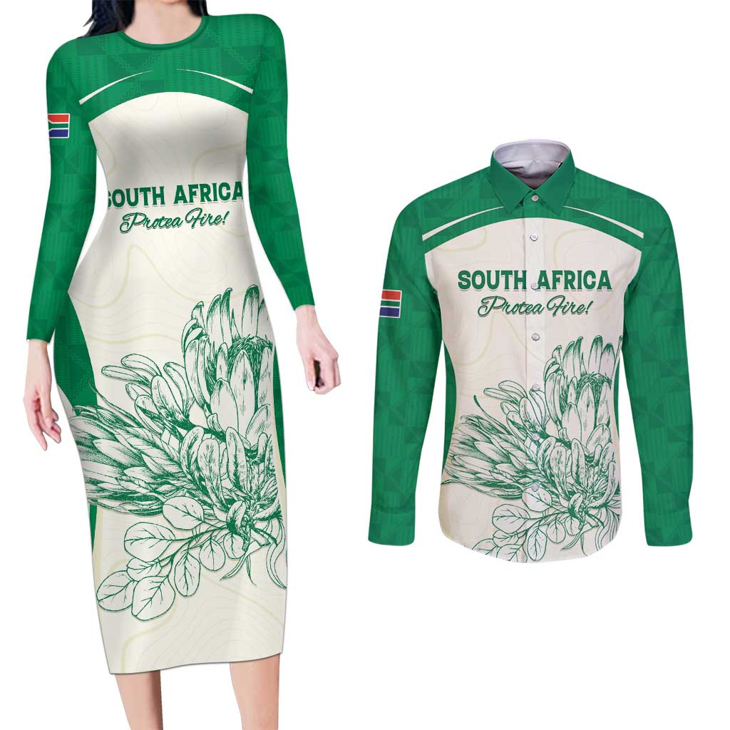Custom South Africa Cricket Couples Matching Long Sleeve Bodycon Dress and Long Sleeve Button Shirt Protea Fire - Wonder Print Shop