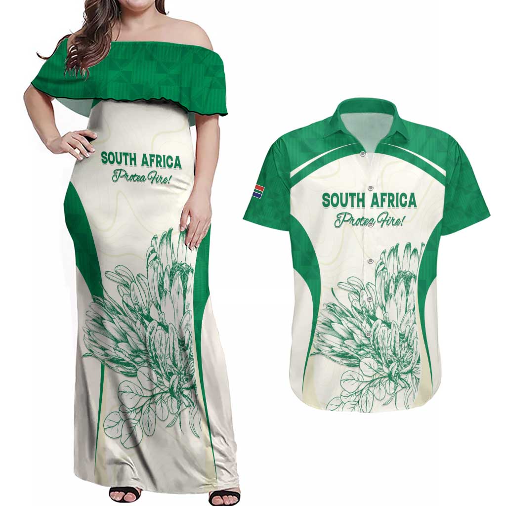 Custom South Africa Cricket Couples Matching Off Shoulder Maxi Dress and Hawaiian Shirt Protea Fire - Wonder Print Shop
