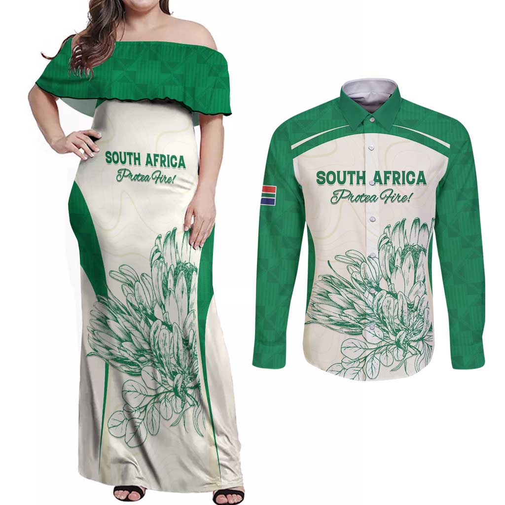 Custom South Africa Cricket Couples Matching Off Shoulder Maxi Dress and Long Sleeve Button Shirt Protea Fire - Wonder Print Shop