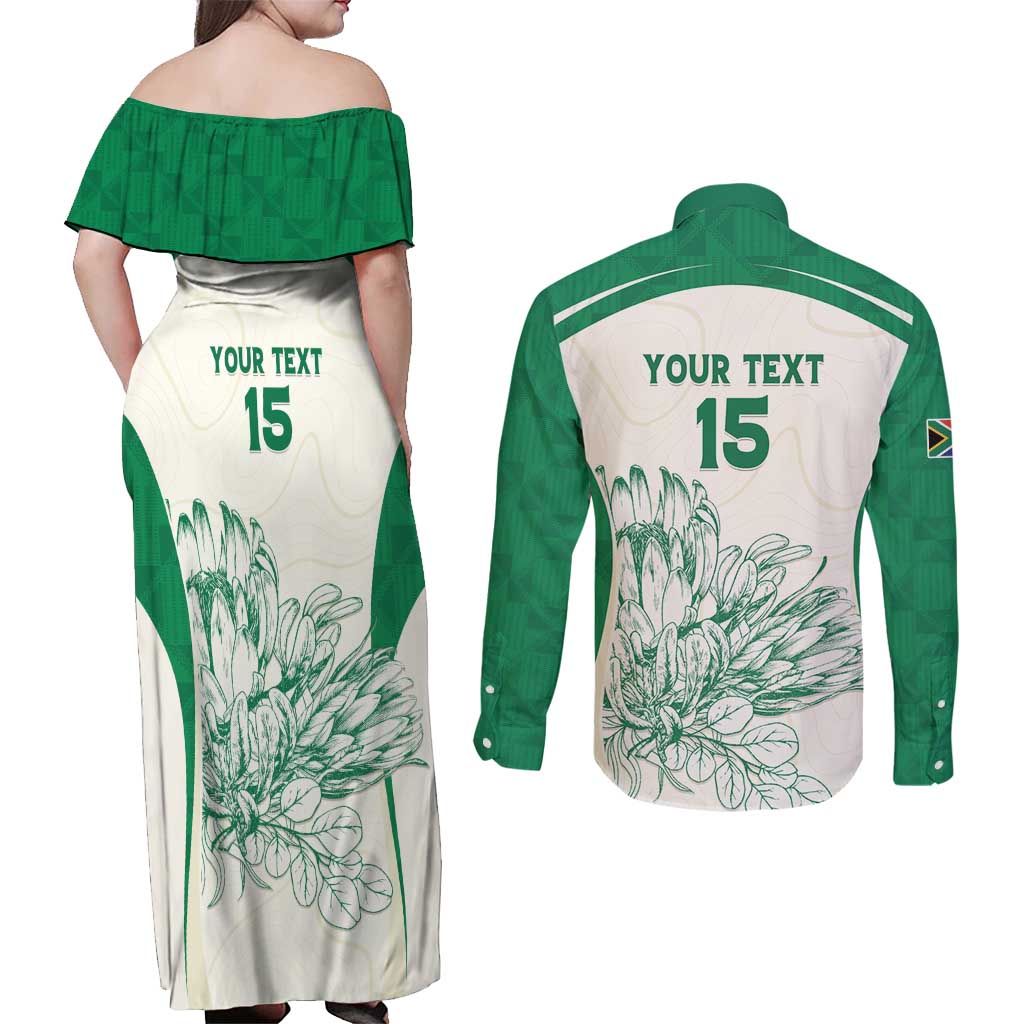 Custom South Africa Cricket Couples Matching Off Shoulder Maxi Dress and Long Sleeve Button Shirt Protea Fire - Wonder Print Shop