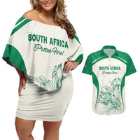 Custom South Africa Cricket Couples Matching Off Shoulder Short Dress and Hawaiian Shirt Protea Fire - Wonder Print Shop