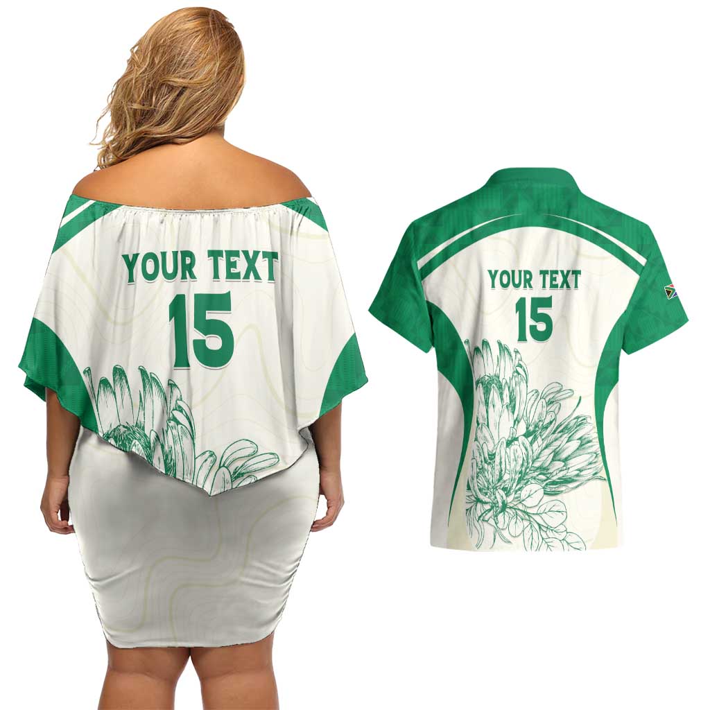 Custom South Africa Cricket Couples Matching Off Shoulder Short Dress and Hawaiian Shirt Protea Fire - Wonder Print Shop
