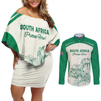 Custom South Africa Cricket Couples Matching Off Shoulder Short Dress and Long Sleeve Button Shirt Protea Fire - Wonder Print Shop