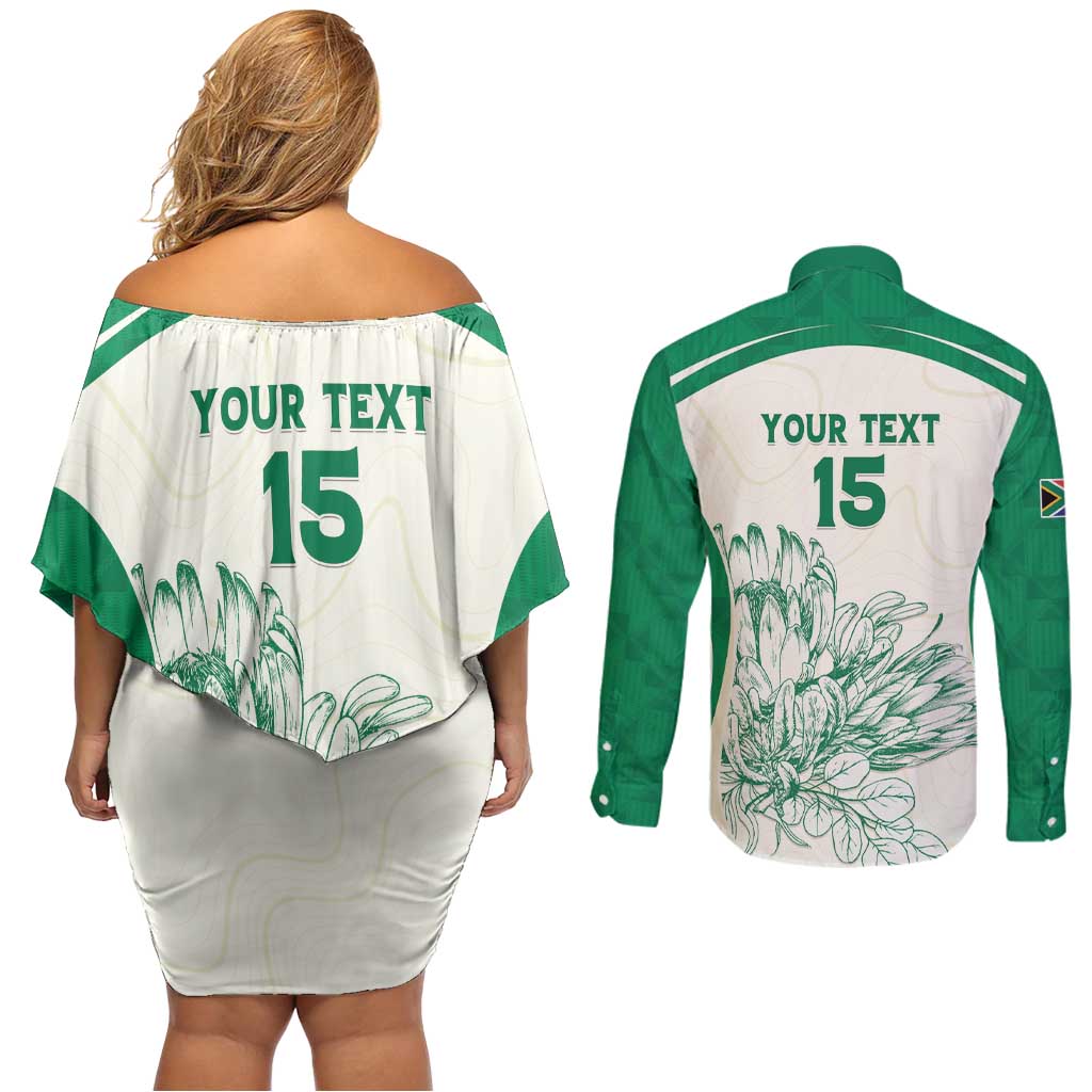 Custom South Africa Cricket Couples Matching Off Shoulder Short Dress and Long Sleeve Button Shirt Protea Fire - Wonder Print Shop