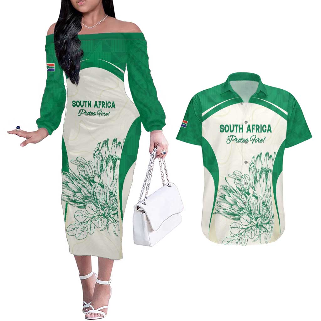 Custom South Africa Cricket Couples Matching Off The Shoulder Long Sleeve Dress and Hawaiian Shirt Protea Fire - Wonder Print Shop