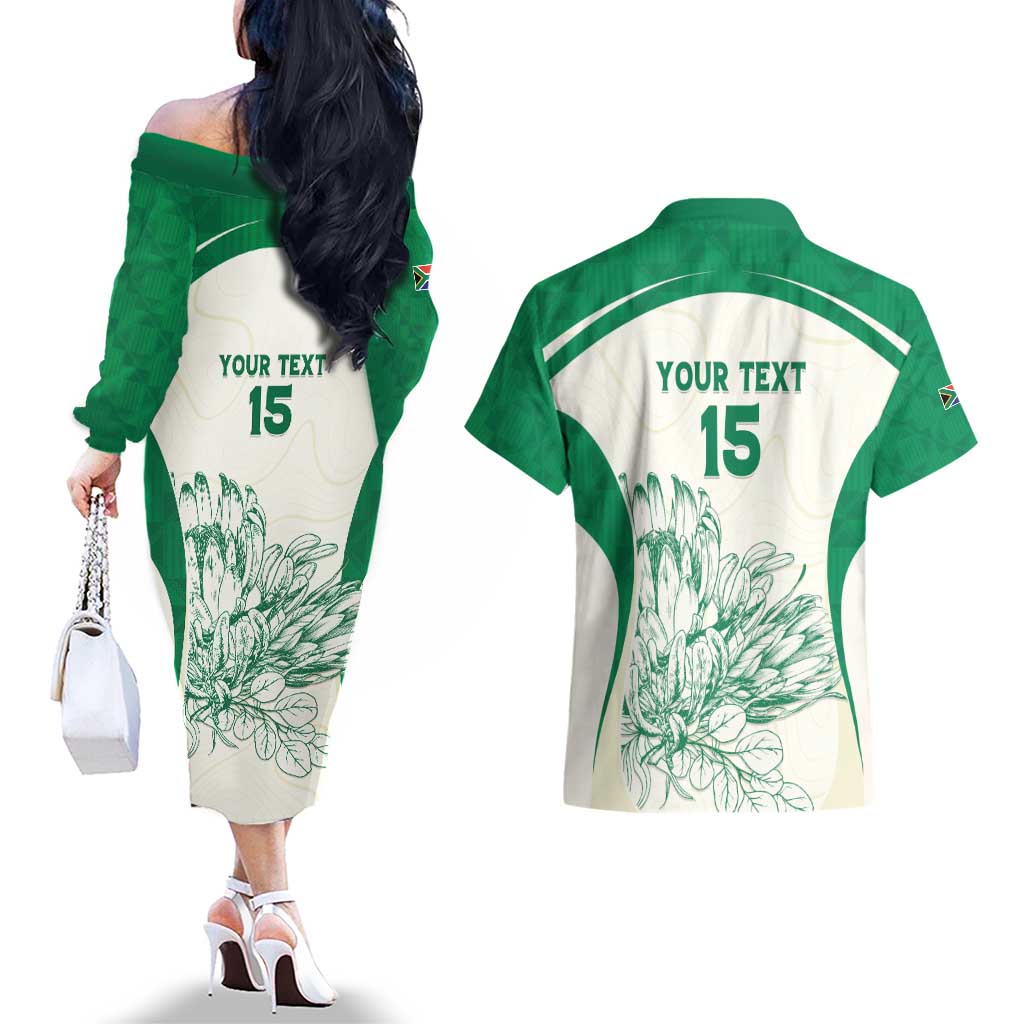 Custom South Africa Cricket Couples Matching Off The Shoulder Long Sleeve Dress and Hawaiian Shirt Protea Fire - Wonder Print Shop