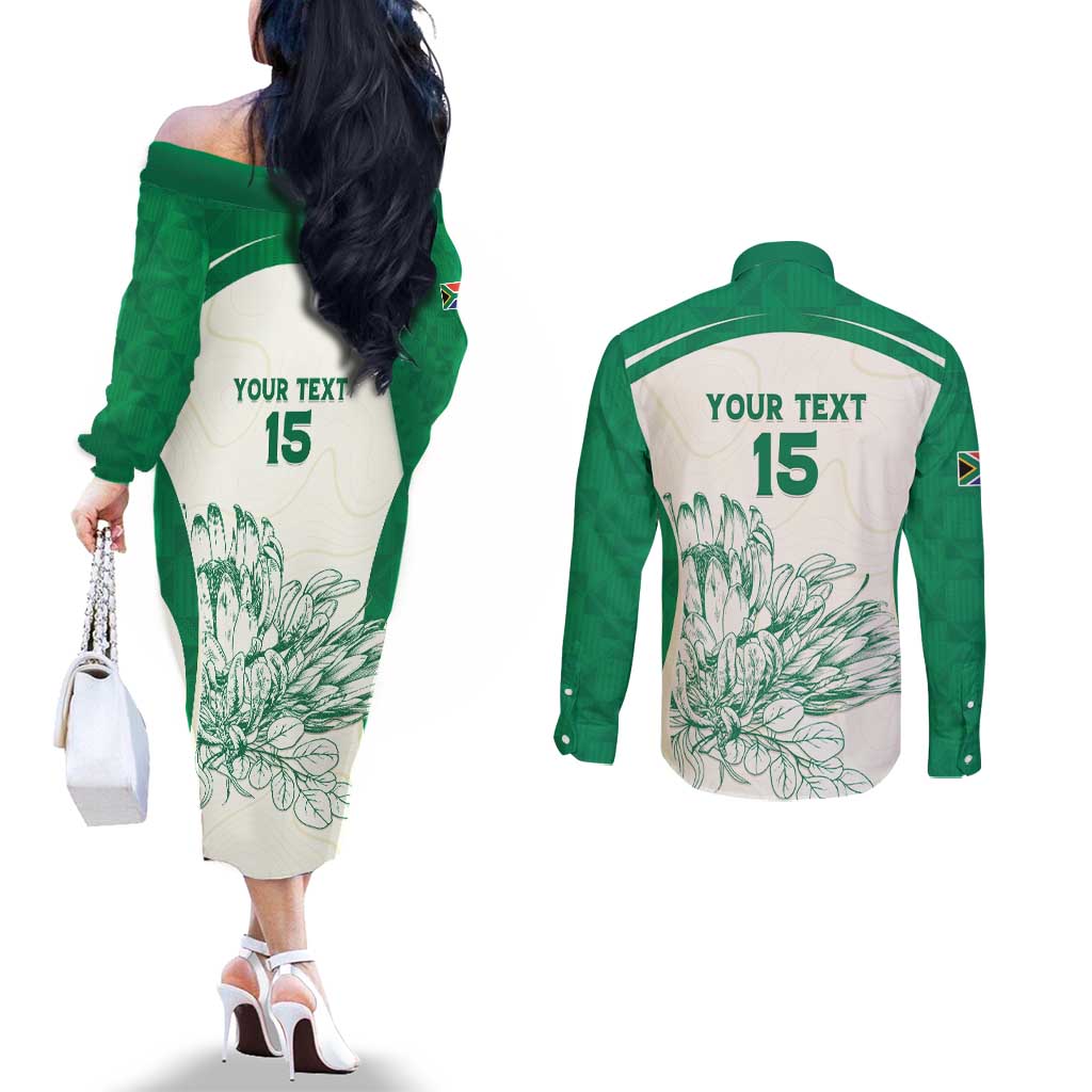 Custom South Africa Cricket Couples Matching Off The Shoulder Long Sleeve Dress and Long Sleeve Button Shirt Protea Fire - Wonder Print Shop