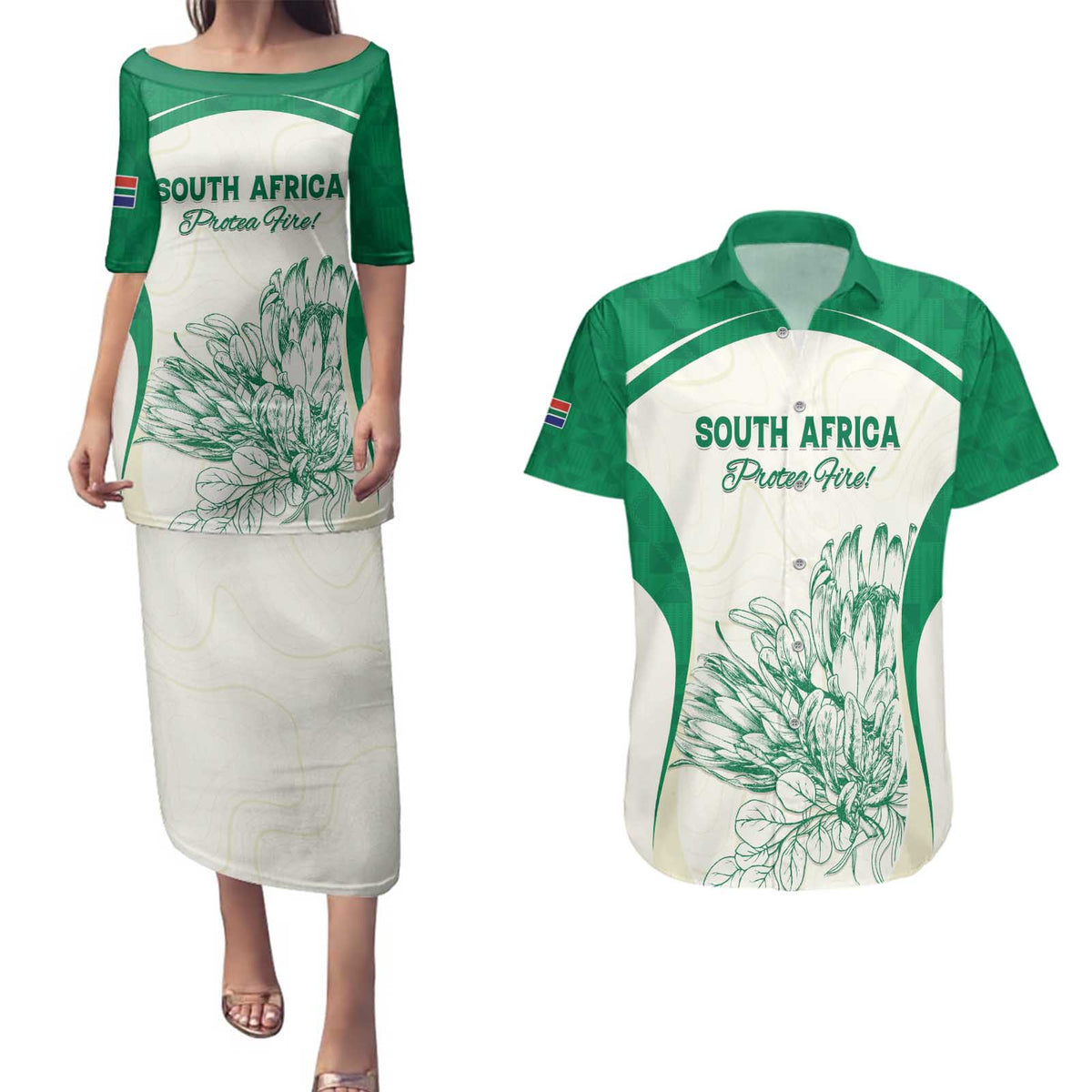 Custom South Africa Cricket Couples Matching Puletasi and Hawaiian Shirt Protea Fire - Wonder Print Shop