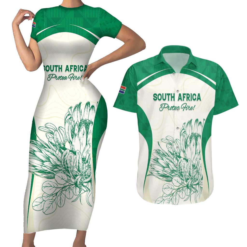 Custom South Africa Cricket Couples Matching Short Sleeve Bodycon Dress and Hawaiian Shirt Protea Fire - Wonder Print Shop