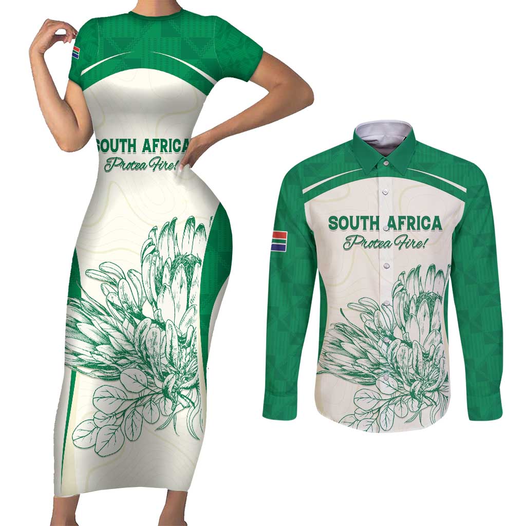 Custom South Africa Cricket Couples Matching Short Sleeve Bodycon Dress and Long Sleeve Button Shirt Protea Fire - Wonder Print Shop