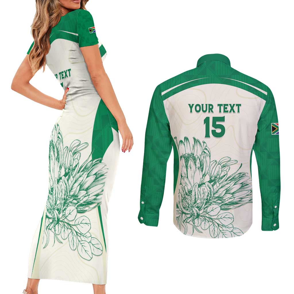 Custom South Africa Cricket Couples Matching Short Sleeve Bodycon Dress and Long Sleeve Button Shirt Protea Fire - Wonder Print Shop