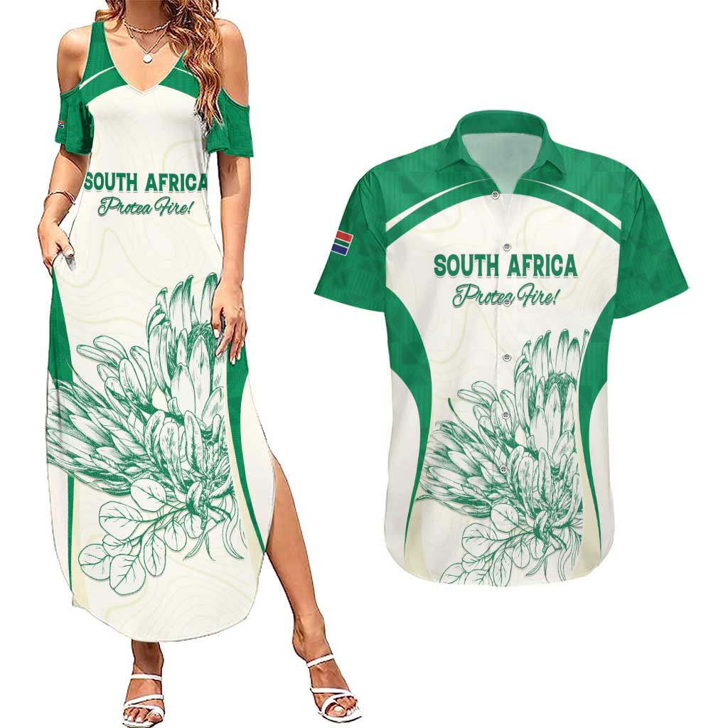 Custom South Africa Cricket Couples Matching Summer Maxi Dress and Hawaiian Shirt Protea Fire - Wonder Print Shop