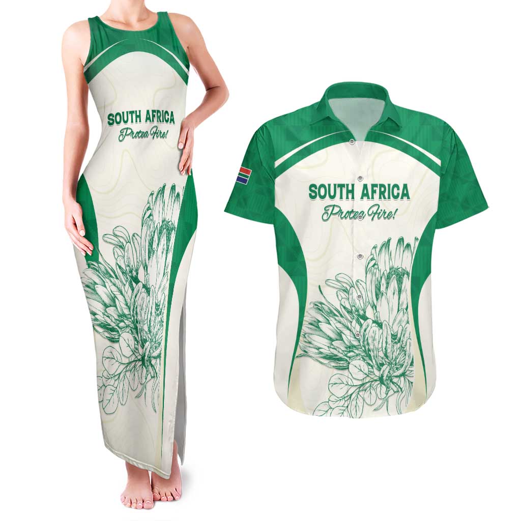 Custom South Africa Cricket Couples Matching Tank Maxi Dress and Hawaiian Shirt Protea Fire - Wonder Print Shop