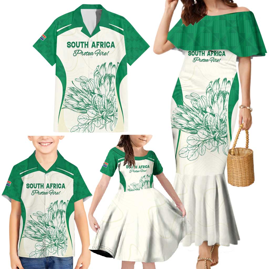 Custom South Africa Cricket Family Matching Mermaid Dress and Hawaiian Shirt Protea Fire - Wonder Print Shop