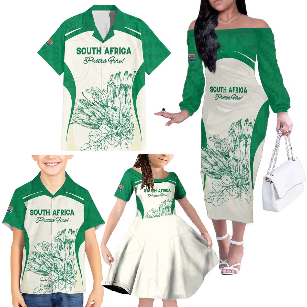 Custom South Africa Cricket Family Matching Off The Shoulder Long Sleeve Dress and Hawaiian Shirt Protea Fire - Wonder Print Shop