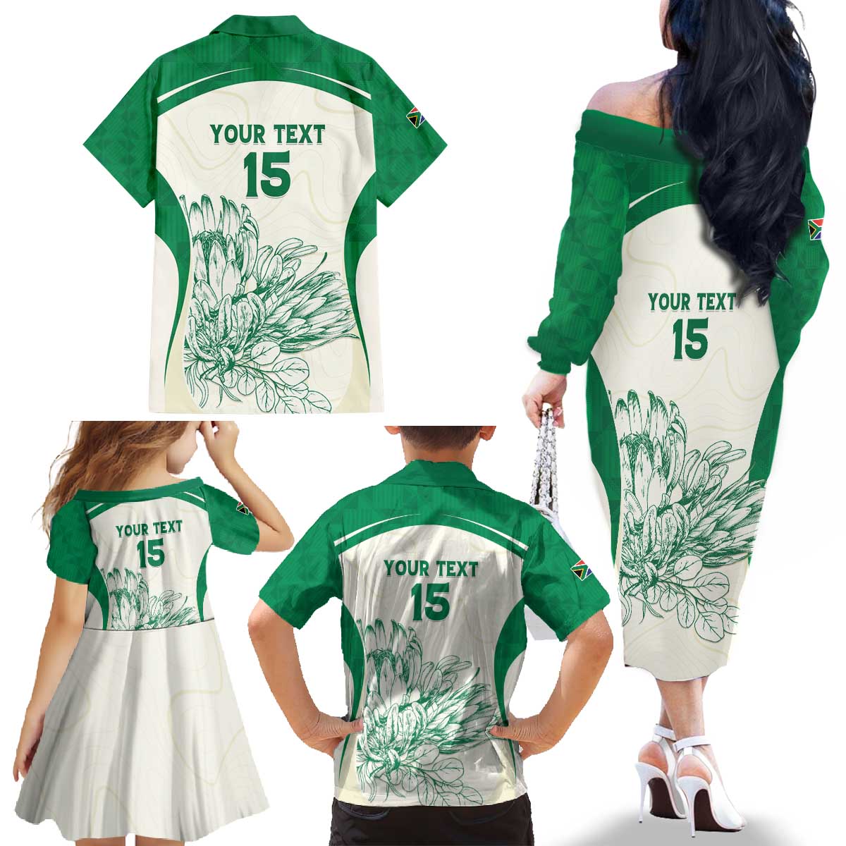 Custom South Africa Cricket Family Matching Off The Shoulder Long Sleeve Dress and Hawaiian Shirt Protea Fire - Wonder Print Shop