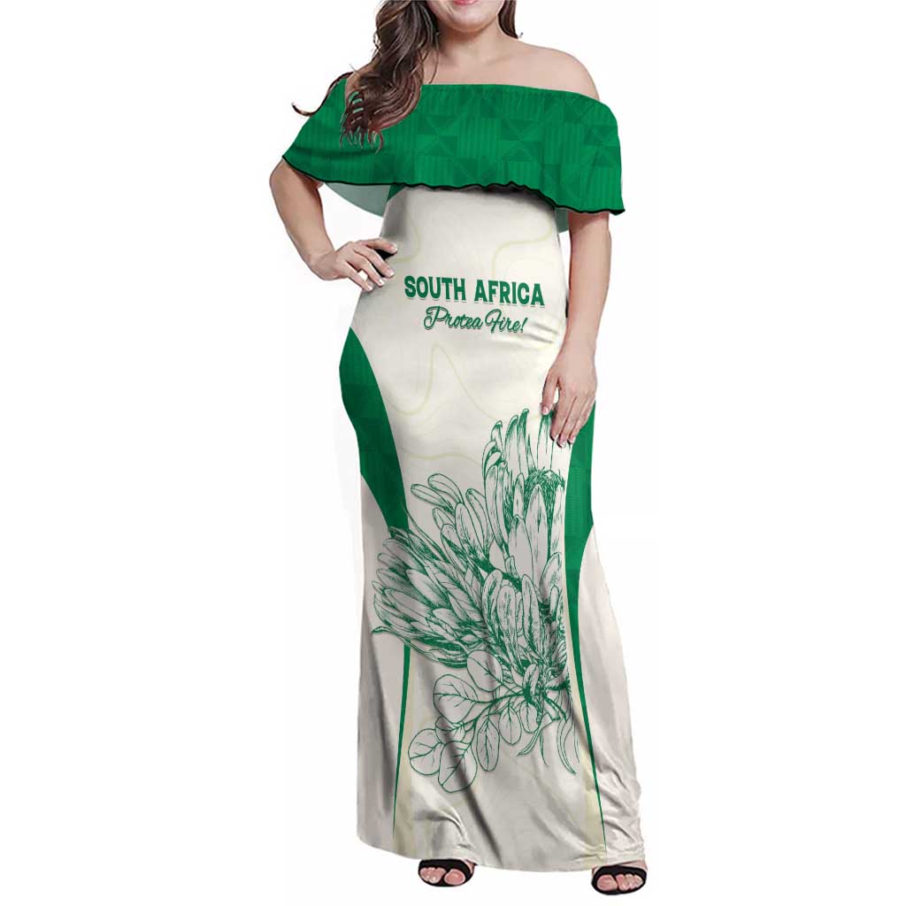 Custom South Africa Cricket Family Matching Off Shoulder Maxi Dress and Hawaiian Shirt Protea Fire - Wonder Print Shop