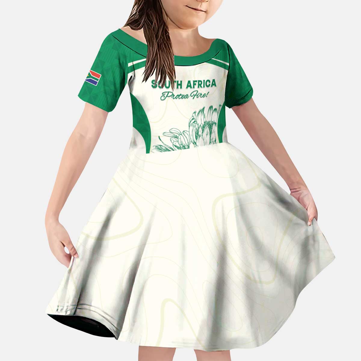 Custom South Africa Cricket Kid Short Sleeve Dress Protea Fire - Wonder Print Shop