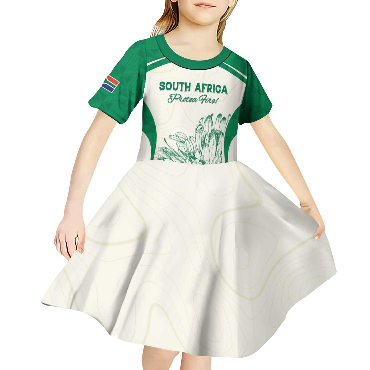 Custom South Africa Cricket Kid Short Sleeve Dress Protea Fire - Wonder Print Shop
