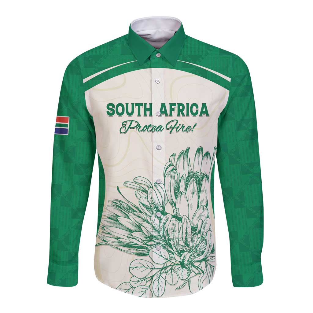 Custom South Africa Cricket Long Sleeve Button Shirt Protea Fire - Wonder Print Shop