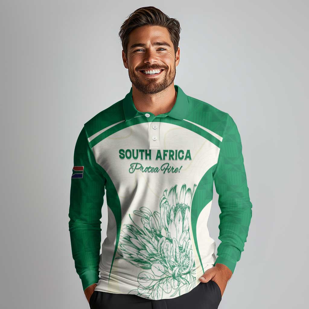 Custom South Africa Cricket Long Sleeve Polo Shirt Protea Fire - Wonder Print Shop
