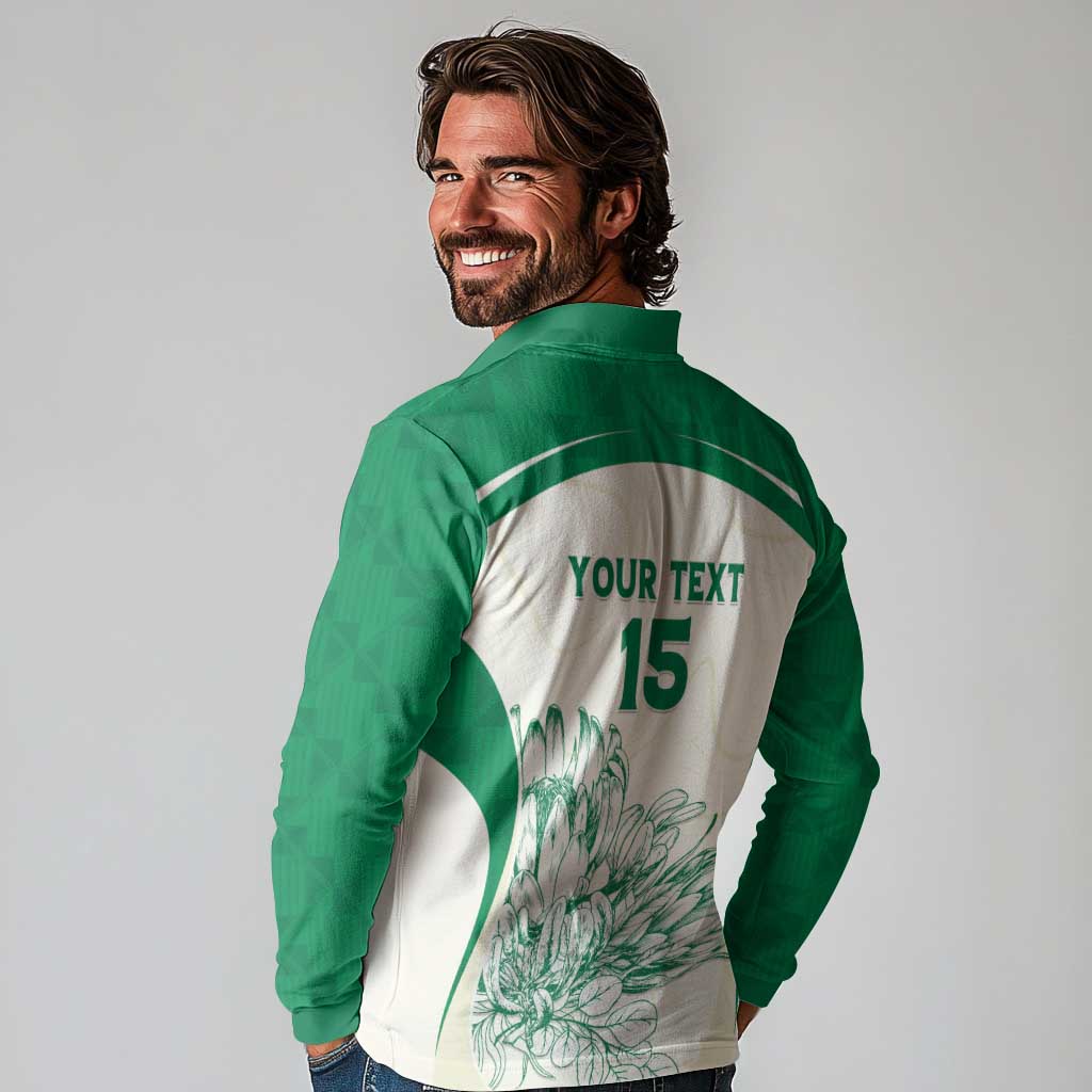 Custom South Africa Cricket Long Sleeve Polo Shirt Protea Fire - Wonder Print Shop