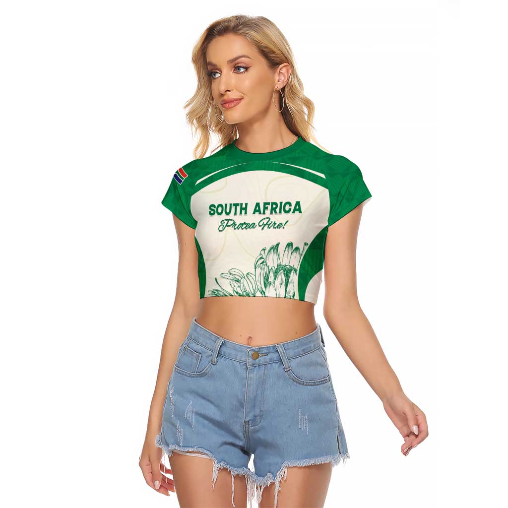Custom South Africa Cricket Raglan Cropped T Shirt Protea Fire - Wonder Print Shop