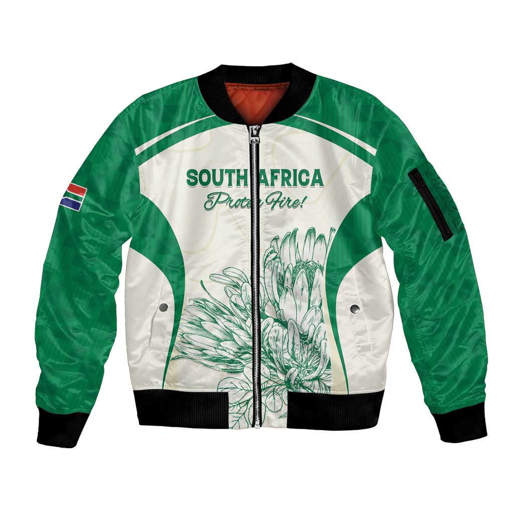 Custom South Africa Cricket Sleeve Zip Bomber Jacket Protea Fire - Wonder Print Shop