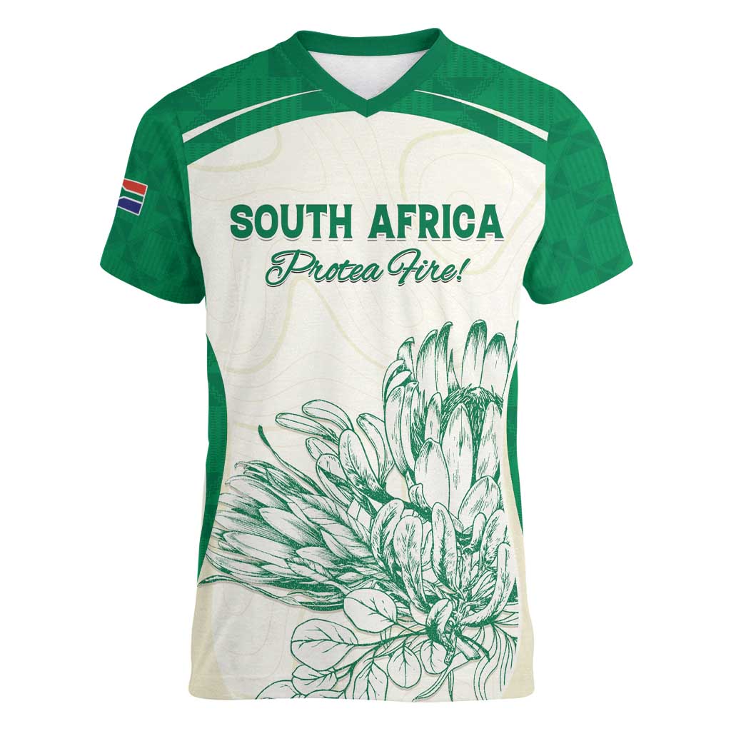 Custom South Africa Cricket Women V-Neck T-Shirt Protea Fire - Wonder Print Shop