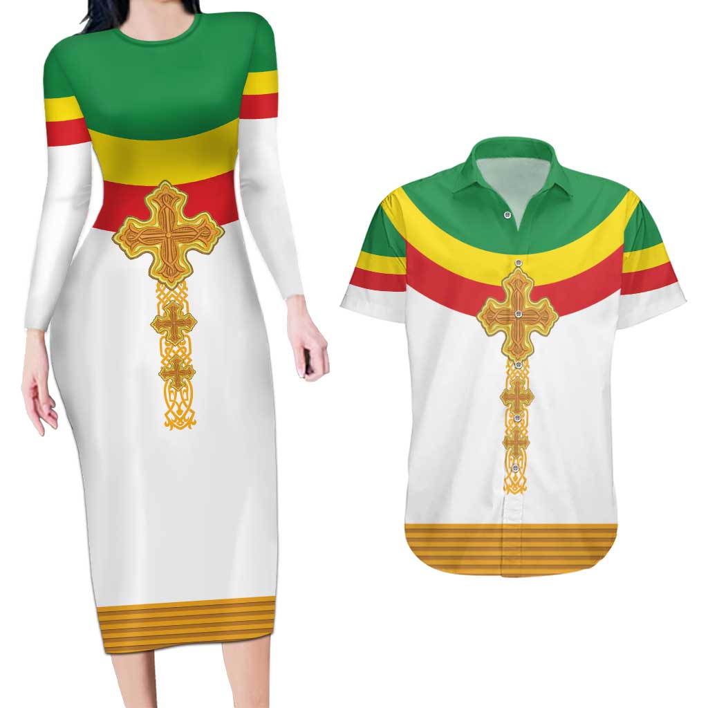 Ethiopia Meskel Couples Matching Long Sleeve Bodycon Dress and Hawaiian Shirt Ethiopian Cross - Wonder Print Shop