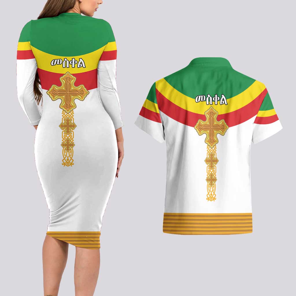 Ethiopia Meskel Couples Matching Long Sleeve Bodycon Dress and Hawaiian Shirt Ethiopian Cross - Wonder Print Shop